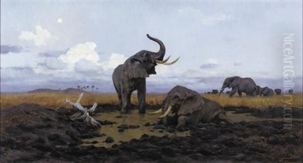 In The Twilight, Elephants Oil Painting by Wilhelm Friedrich Kuhnert