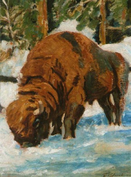 Wisent Im Schnee Oil Painting by Wilhelm Friedrich Kuhnert