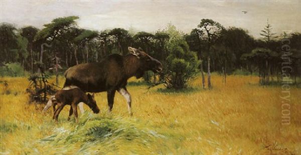 Moose With Her Calf In A Landscape Oil Painting by Wilhelm Friedrich Kuhnert