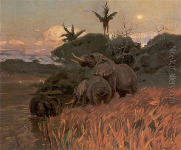 A Herd Of Elephants By Moonlight Oil Painting by Wilhelm Friedrich Kuhnert