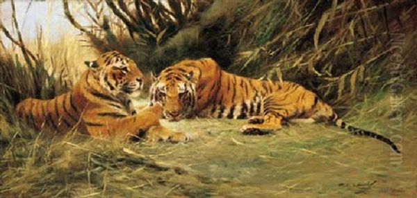 Tigers Resting In Tall Grass Oil Painting by Wilhelm Friedrich Kuhnert