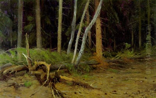 Umgesturzter Baumstamm Im Urwald Von Bialowies/russland Oil Painting by Wilhelm Friedrich Kuhnert