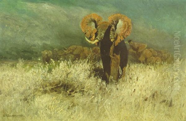 Elefanten Vorm Steppenbrand Fluchtend Oil Painting by Wilhelm Friedrich Kuhnert