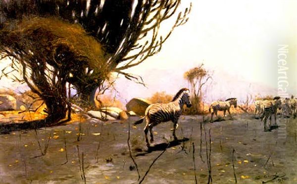 A Herd Of Zebras Oil Painting by Wilhelm Friedrich Kuhnert