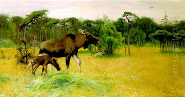 Moose With Her Calf In A Landscape Oil Painting by Wilhelm Friedrich Kuhnert