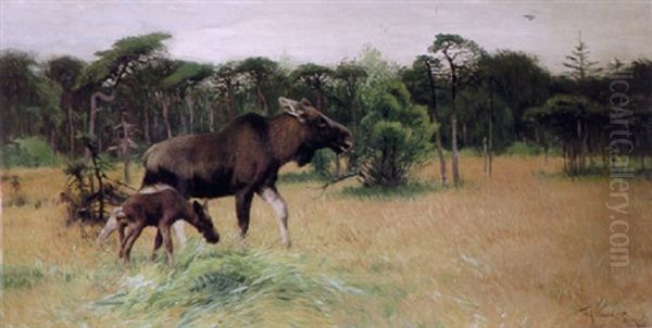 Moose With Her Calf In A Landscape Oil Painting by Wilhelm Friedrich Kuhnert