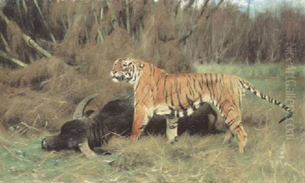 A Tiger With Its Prey Oil Painting by Wilhelm Friedrich Kuhnert