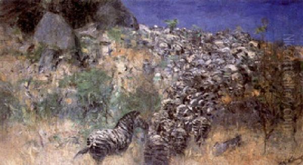 Zebras In A Landscape Oil Painting by Wilhelm Friedrich Kuhnert