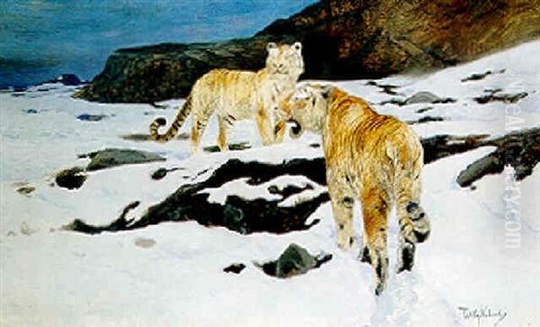 Tigers In The Snow Oil Painting by Wilhelm Friedrich Kuhnert