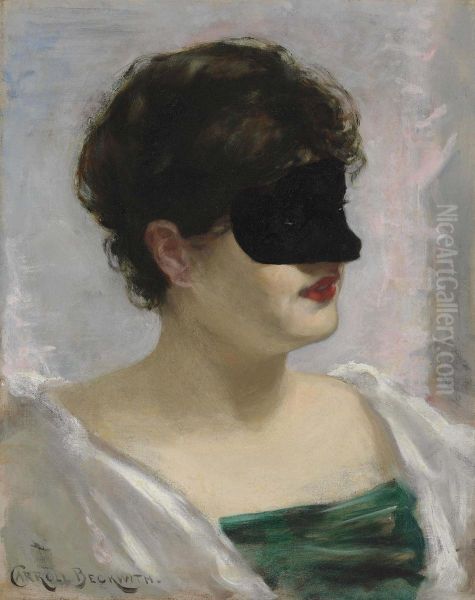 Lady With A Black Mask Oil Painting by James Carroll Beckwith