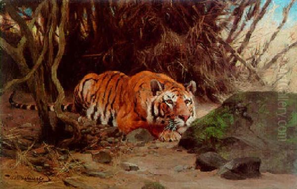 A Prowling Tiger Oil Painting by Wilhelm Friedrich Kuhnert