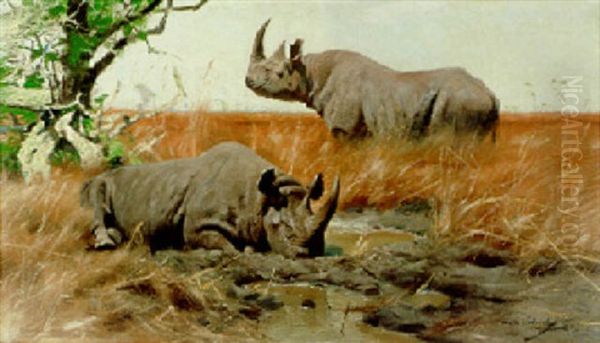 Two Rhinoceroses Oil Painting by Wilhelm Friedrich Kuhnert