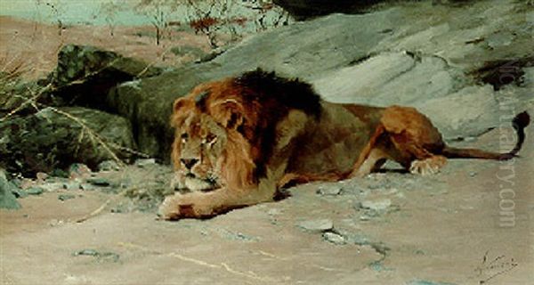 A Lion In Ambush Oil Painting by Wilhelm Friedrich Kuhnert