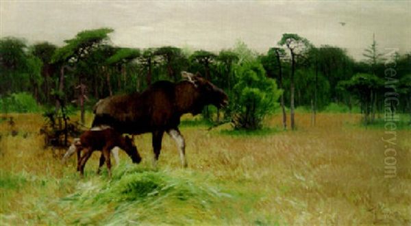 A Moose And Her Calf Oil Painting by Wilhelm Friedrich Kuhnert