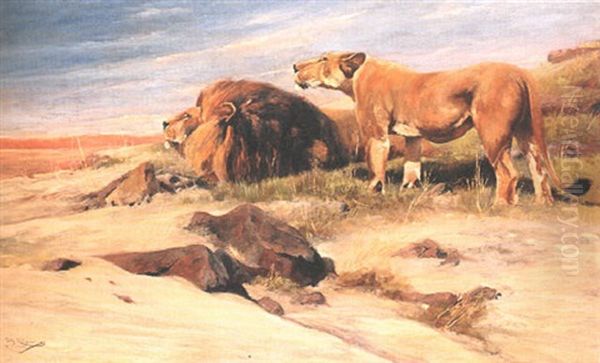 Lowenpaar In Der Savanne Oil Painting by Wilhelm Friedrich Kuhnert