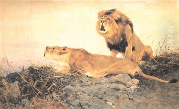 Lion And Lioness On A Rocky Outcrop Oil Painting by Wilhelm Friedrich Kuhnert