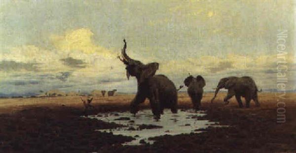 Elephants At A Watering Hole Oil Painting by Wilhelm Friedrich Kuhnert