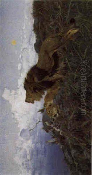 Lions At Dusk Oil Painting by Wilhelm Friedrich Kuhnert