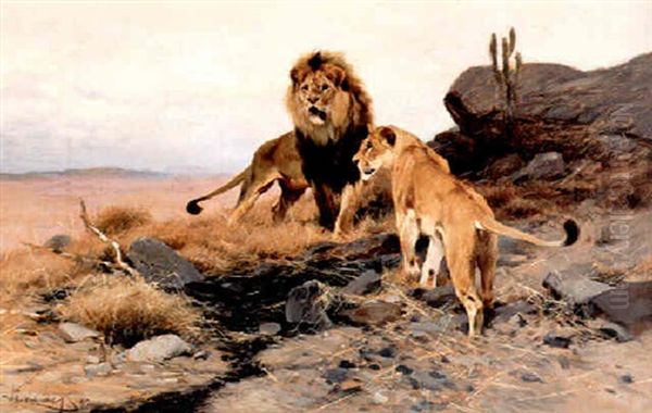 African Lions Oil Painting by Wilhelm Friedrich Kuhnert