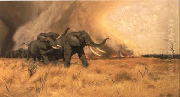 Elephants Moving Before A Veldt Fire Oil Painting by Wilhelm Friedrich Kuhnert