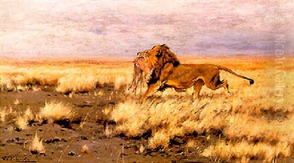 Lion With Its Kill Oil Painting by Wilhelm Friedrich Kuhnert