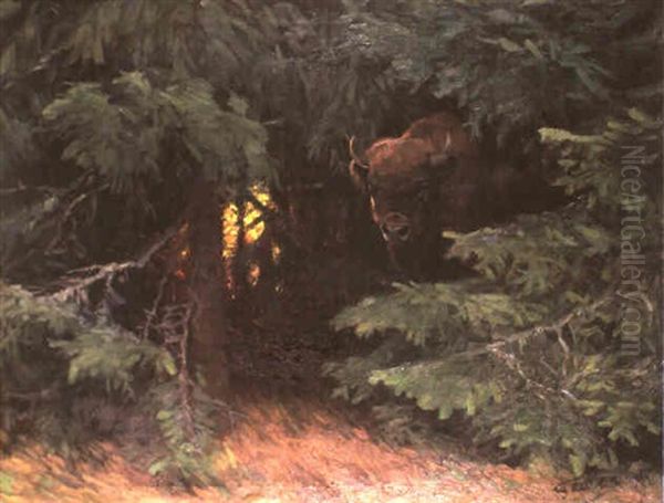 Wisent Im Urwald Oil Painting by Wilhelm Friedrich Kuhnert