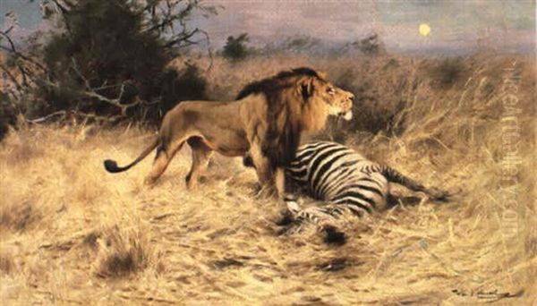 Lowe Mit Erlegtem Zebra Oil Painting by Wilhelm Friedrich Kuhnert