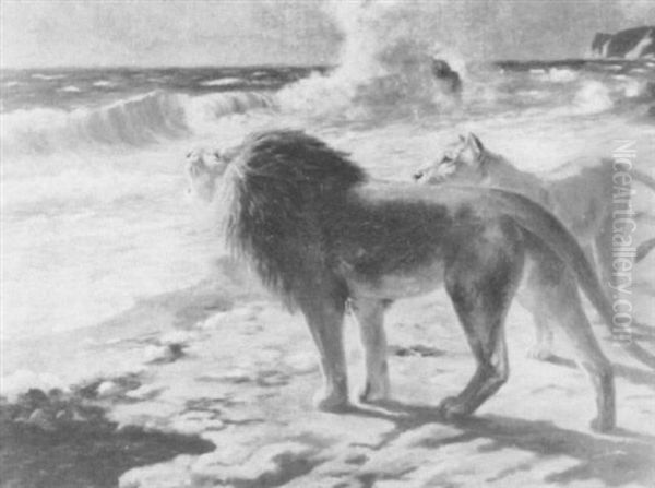 A Lion And Lioness On The Shore Oil Painting by Wilhelm Friedrich Kuhnert