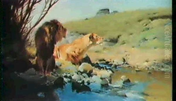 A Lion And Lioness At A Stream Oil Painting by Wilhelm Friedrich Kuhnert