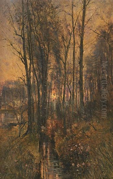 Coucher De Soleil Sur Le Sous-bois Oil Painting by Paul Kuhstoss