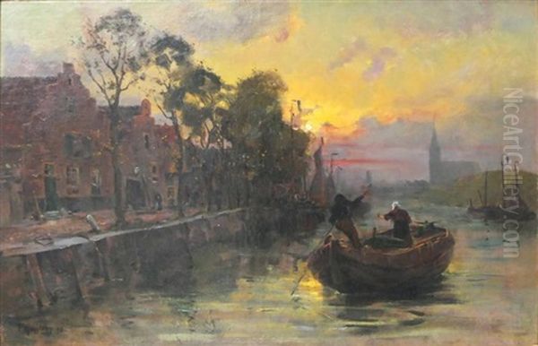 Canal En Hollande Oil Painting by Paul Kuhstoss