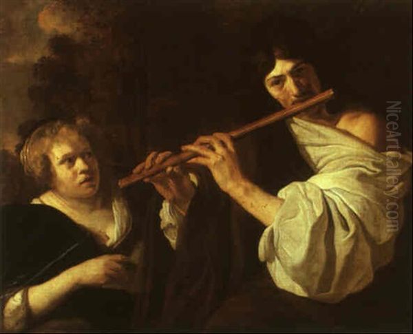 Shepherd Playing The Flute And A Woman Singing Oil Painting by Gysbert (Gerard) van der Kuil