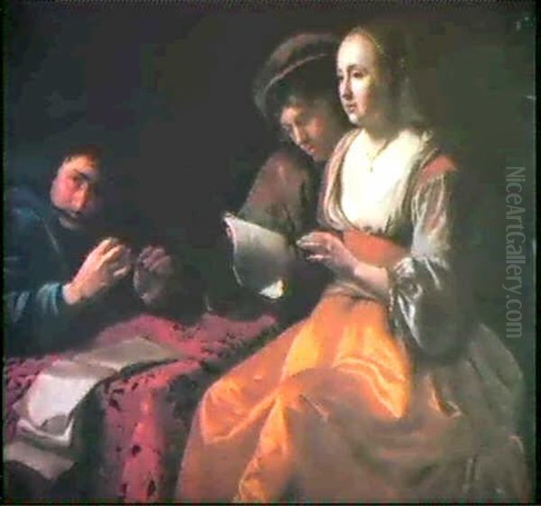 A Young Woman And Two Youths Making Music At Table Oil Painting by Gysbert (Gerard) van der Kuil