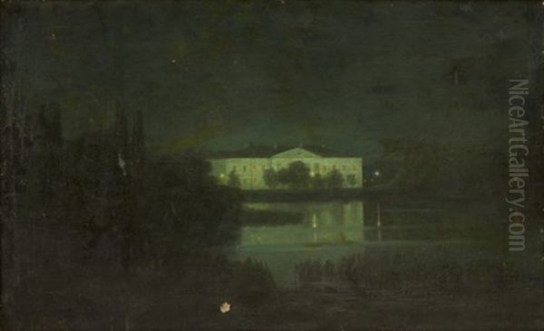 Lakeside Mansion In Moonlight Oil Painting by Arkhip Ivanovich Kuindzhi