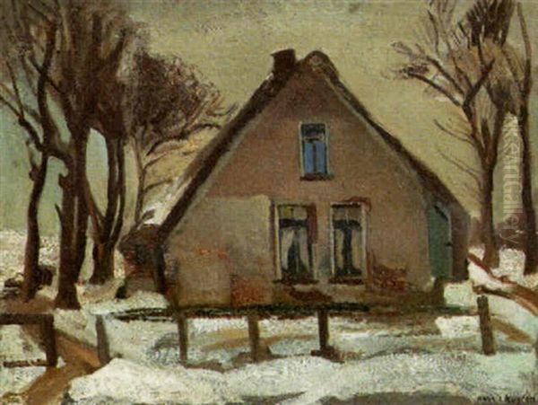 Farm In A Winter Landscape Oil Painting by Harrie Kuitjen