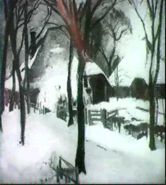 Farmhouses In Winter Oil Painting by Harrie Kuitjen