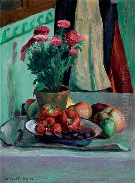 Studio Still Life With Flowers And Fruits Oil Painting by Nana Kukovetz