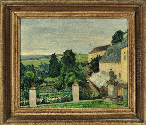 Blick Von Einem Herrschaftlichen Garten Mit Skulptur In Eine Weite Landschaft Oil Painting by Willhelm Kukuk