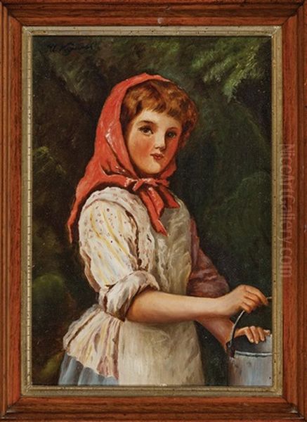 Young Russian Girl In Red Scarf Holding A Bucket Oil Painting by Ivan Semionovich Kulikov