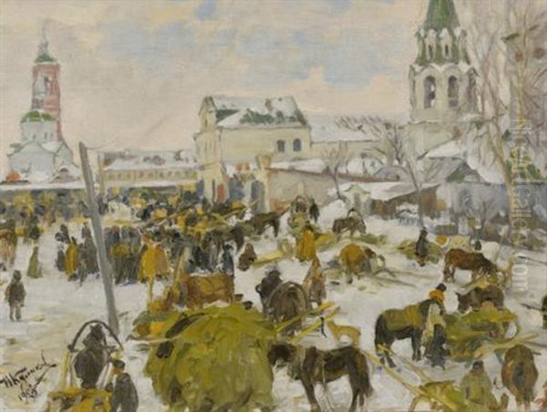 Murom City Square (+ Horse And Cart, Smllr; 2 Works) Oil Painting by Ivan Semionovich Kulikov