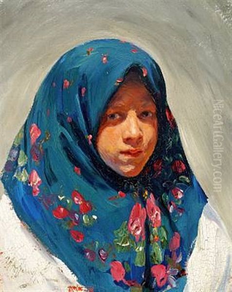 Portrait Of A Young Russian Woman With A Flowered Headscarf Oil Painting by Ivan Semionovich Kulikov