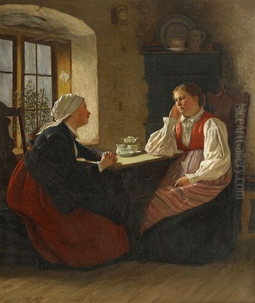 Kaffestunden - Allmogeinterior Oil Painting by Jakob Kulle