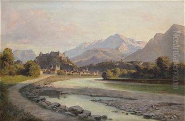 Blick Vom Salzachufer Auf Salzburg Mit Festung Und Untersberg Oil Painting by Franz Kulstrunk