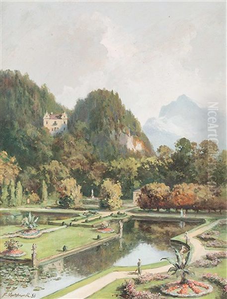 Der Hellbrunner Park Mit Dem Monatsschlossl, Im Hintergrund Der Untersberg Oil Painting by Franz Kulstrunk