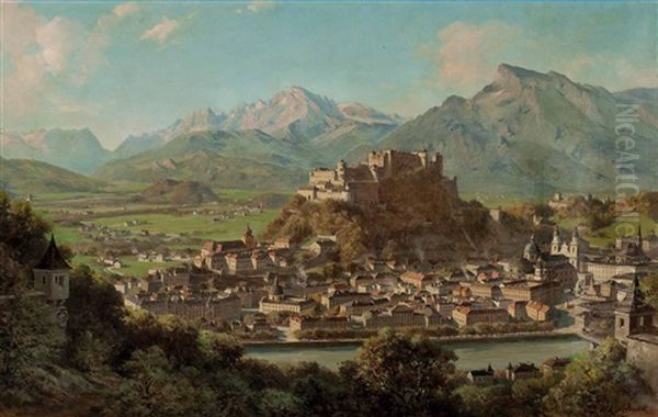 Blick Vom Kapuzinerberg Auf Salzburg Mit Untersberg Und Tennengebirge Oil Painting by Franz Kulstrunk