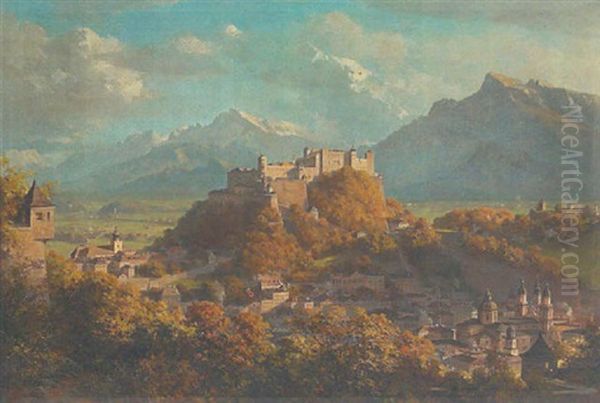 Panorama-ansicht Der Altstadt Salzburg Mit Festung, Dahinter Untersberg Und Hoher Goll Oil Painting by Franz Kulstrunk