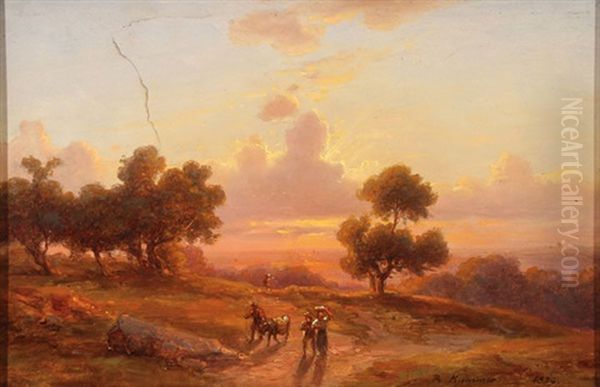 A Glowing Expansive Landscape With Travelers Oil Painting by Carl Robert Kummer