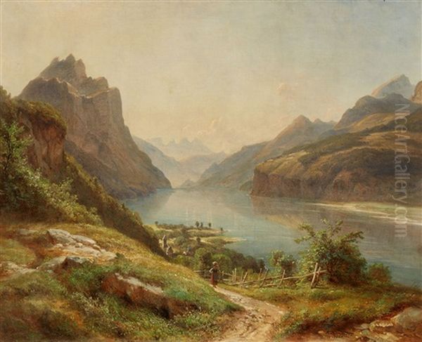 View Of A Mountain Lake (possibly Lago Maggiore) Oil Painting by Carl Robert Kummer