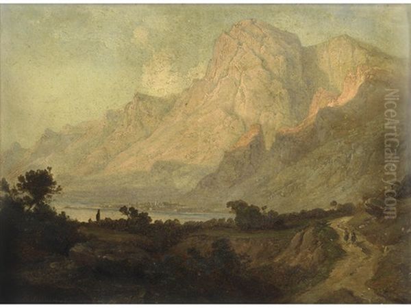 Figures In A Mountainous Landscape With A Town In The Distance Oil Painting by Carl Robert Kummer