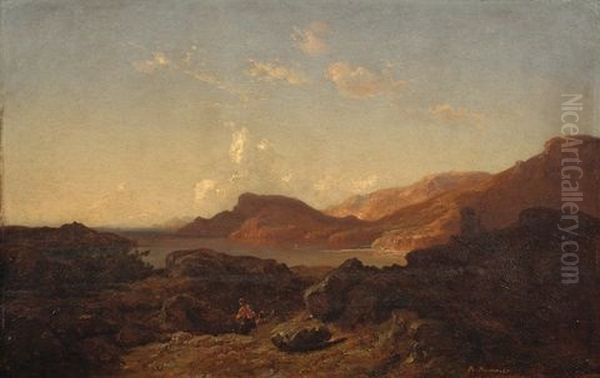 Zwei Fischer In Felsiger Kustenlandschaft (dalmatien/montenegro) Oil Painting by Carl Robert Kummer